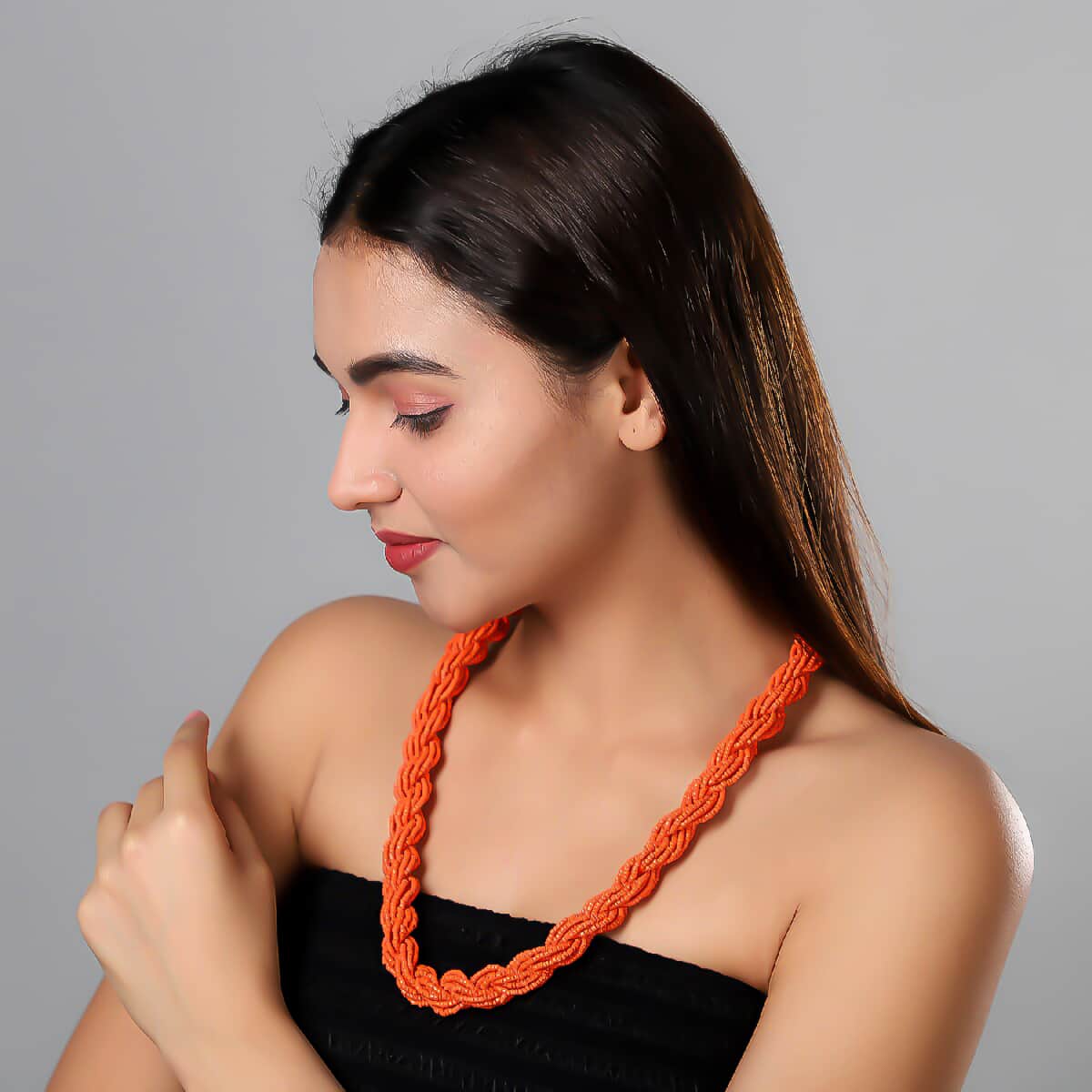 Orange Glass Seed Beaded Necklace (24 Inches) in Goldtone image number 1