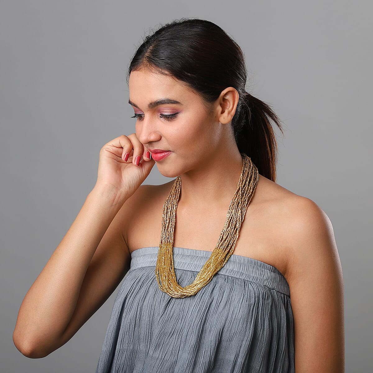 Gold Glass Seed Bead Necklace in Goldtone, Multi Strand Beaded Necklace, Unique Gifts For Birthday 25-28 Inches image number 1