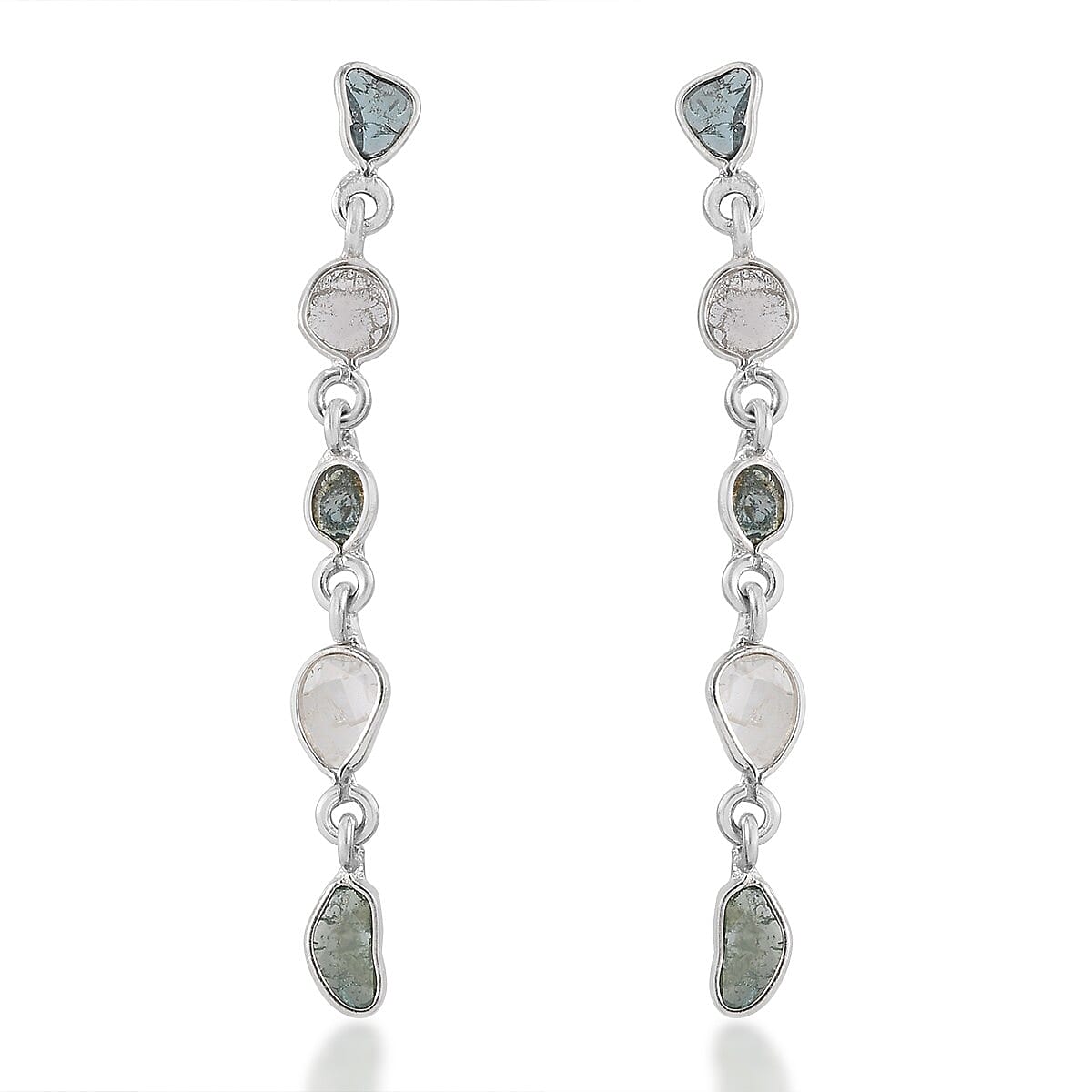 Artisan Crafted Polki Blue and White Diamond Earrings in Platinum Over Sterling Silver 1.00 ctw