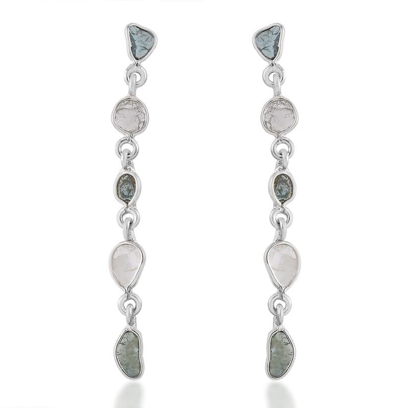 Artisan Crafted Polki Blue and White Diamond Earrings in Platinum Over Sterling Silver 1.00 ctw