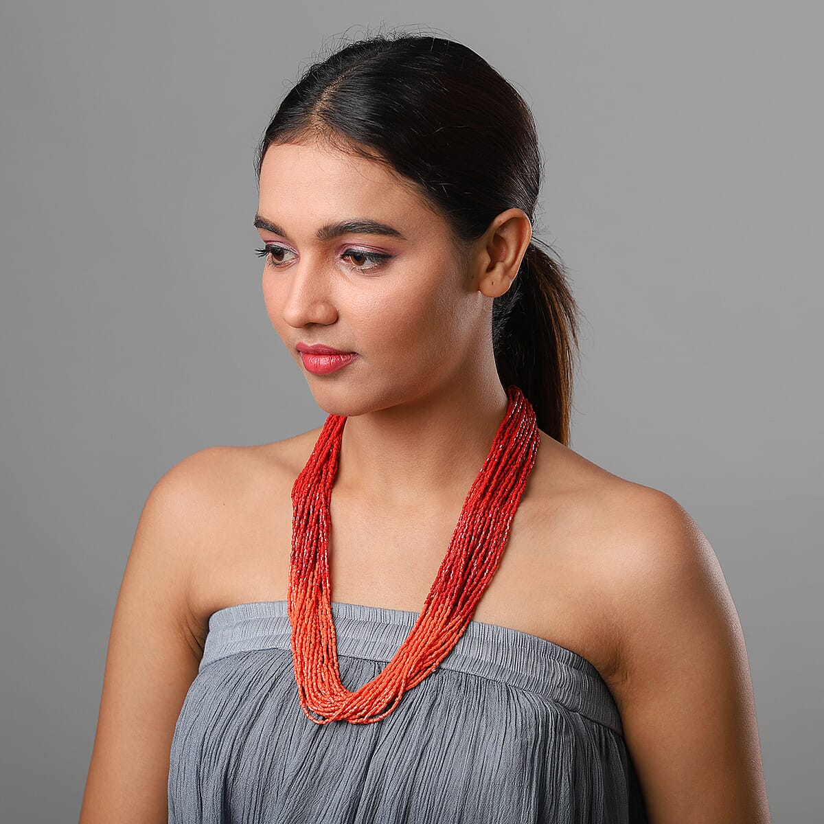 Coral Glass Seed Beaded Necklace 24 Inches image number 1