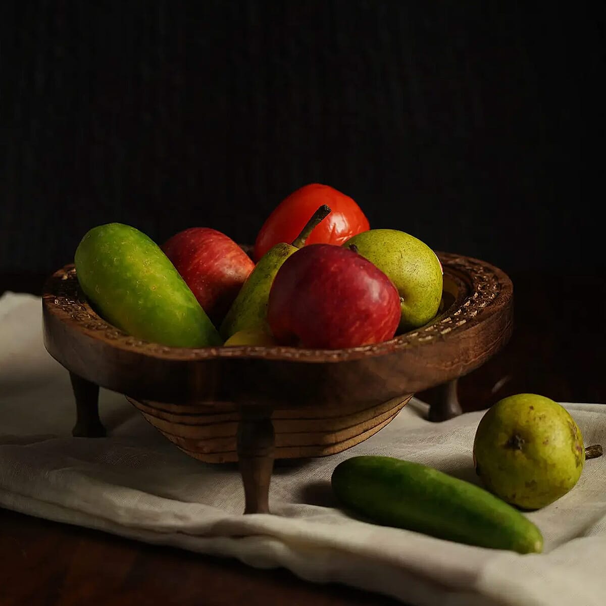 Apple Shape Hand carved Mango Wood Spring Tray with Small Legs | Small Wooden Serving Tray for Party | Fruit or Dry Fruit Tray image number 1