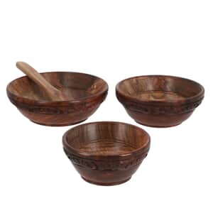 Set of 3 Natural Color Wooden Carved Bowls with Wooden Spoon