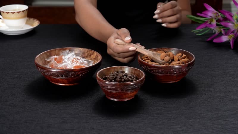 Set of 3 Natural Color Wooden Carved Bowls (4",5",6") with Wooden Spoon (5")