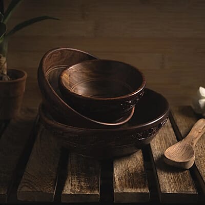 Set of 3 Natural Color Wooden Carved Bowls with Wooden Spoon