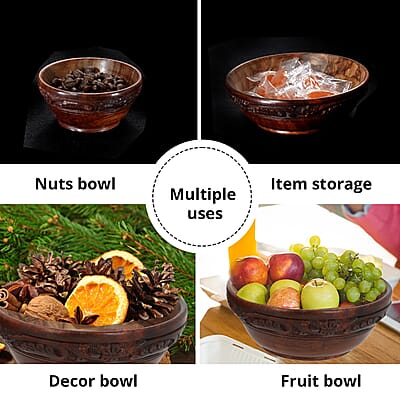 Set of 3 Natural Color Wooden Carved Bowls with Wooden Spoon