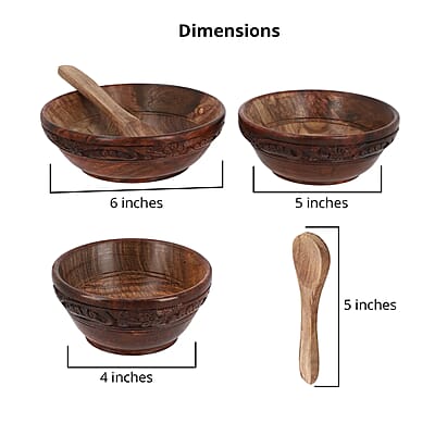 Set of 3 Natural Color Wooden Carved Bowls with Wooden Spoon