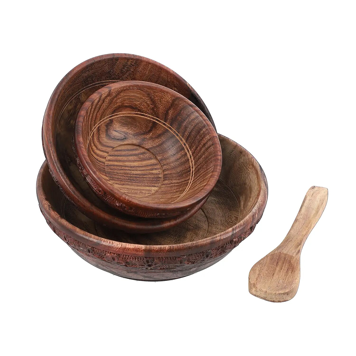 Set of 3 Natural Color Wooden Carved Bowls with Wooden Spoon