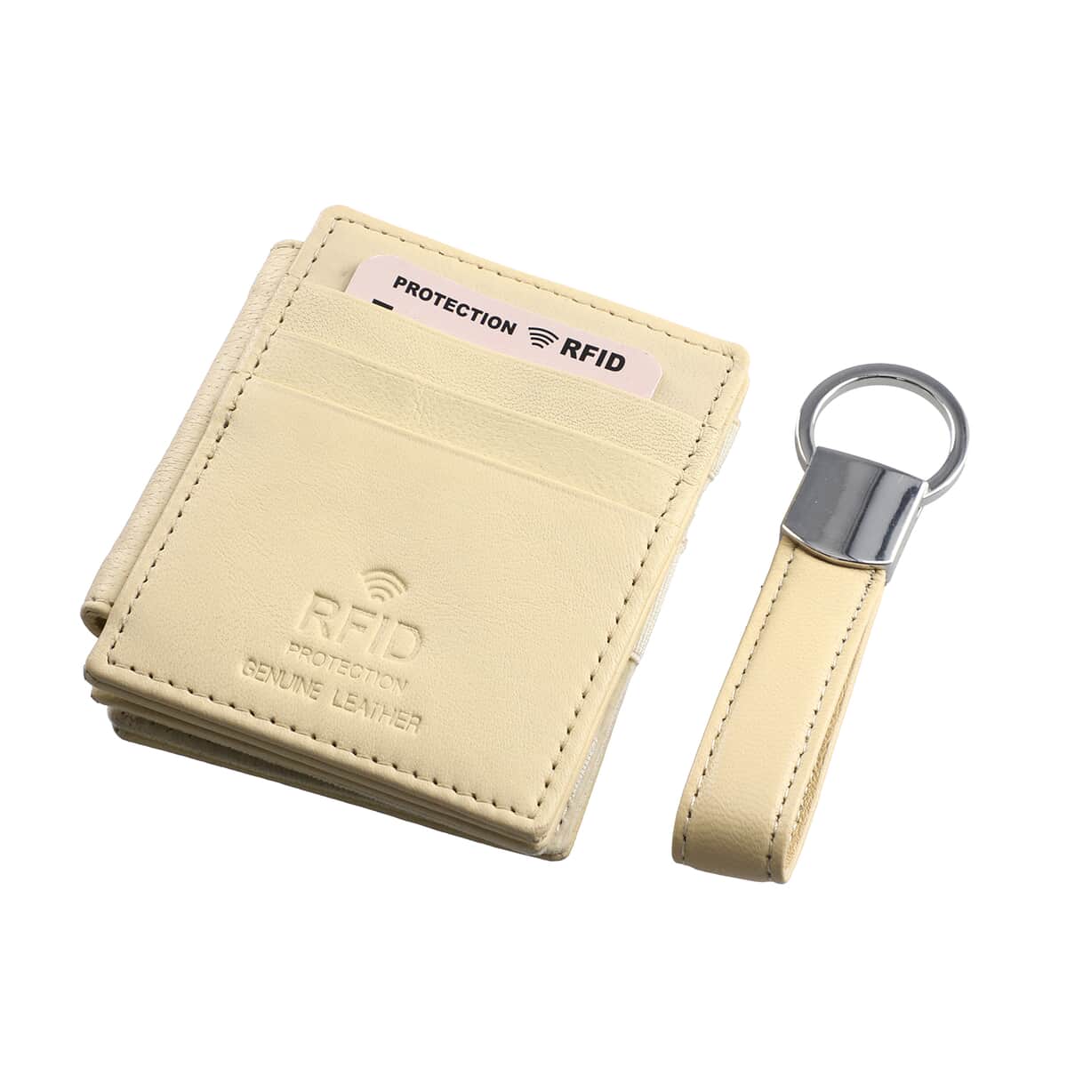 Beige Blocking Genuine Leather Tri Fold RFID Magic Wallet with Key Chain (3x4) image number 0