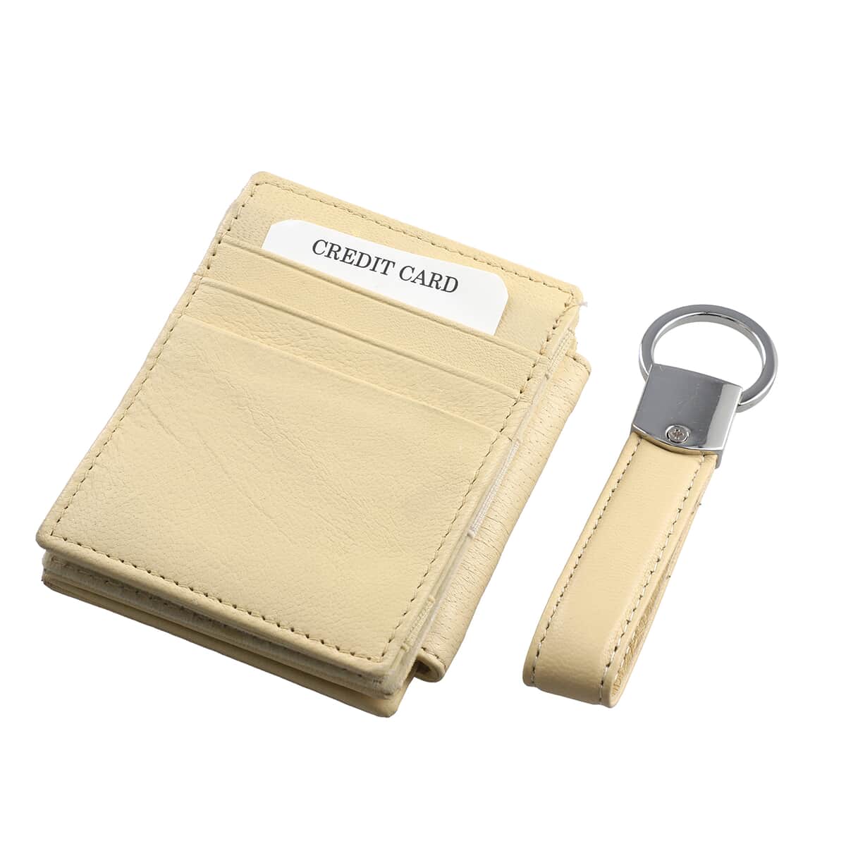 Beige Blocking Genuine Leather Tri Fold RFID Magic Wallet with Key Chain (3x4) image number 1