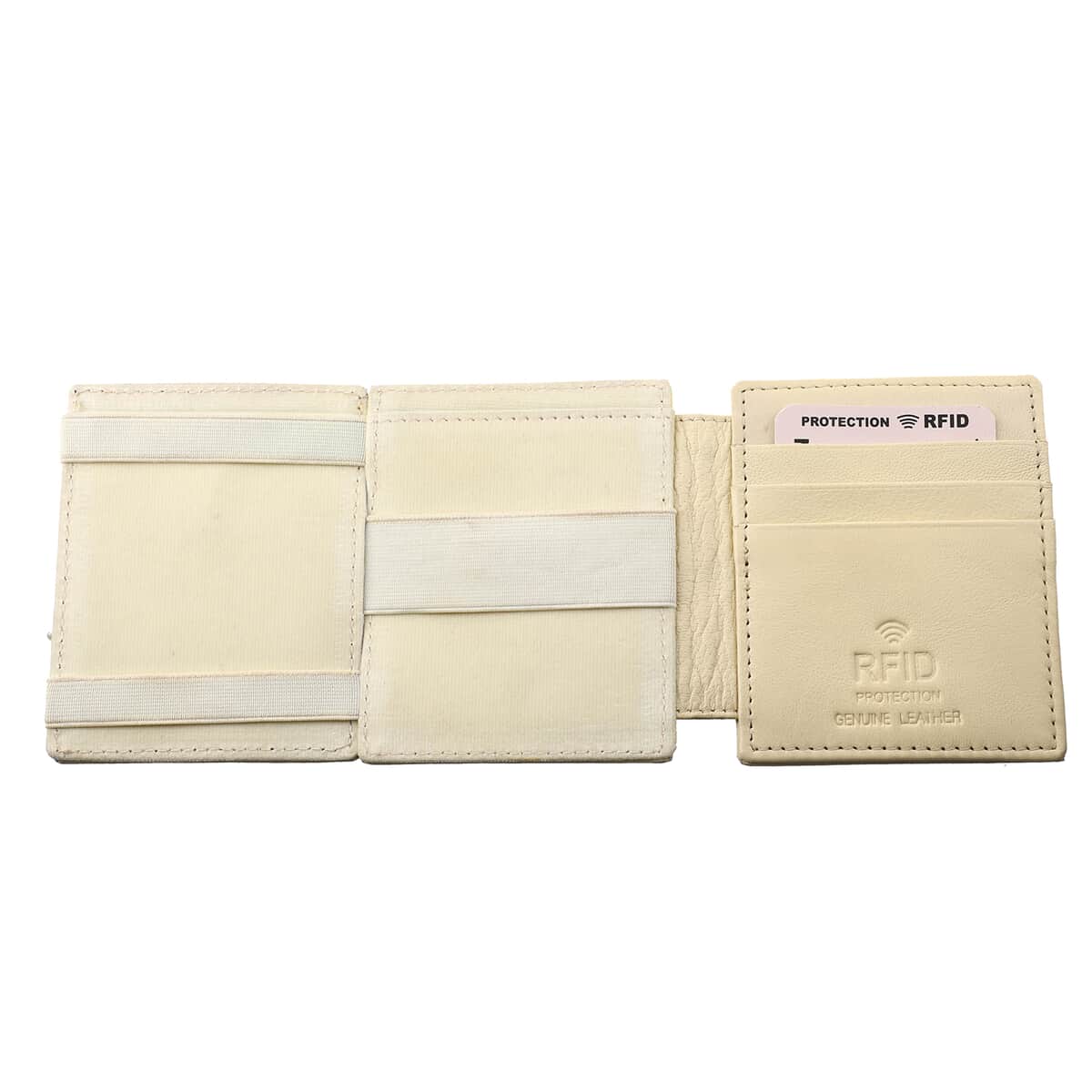 Beige Blocking Genuine Leather Tri Fold RFID Magic Wallet with Key Chain (3x4) image number 4