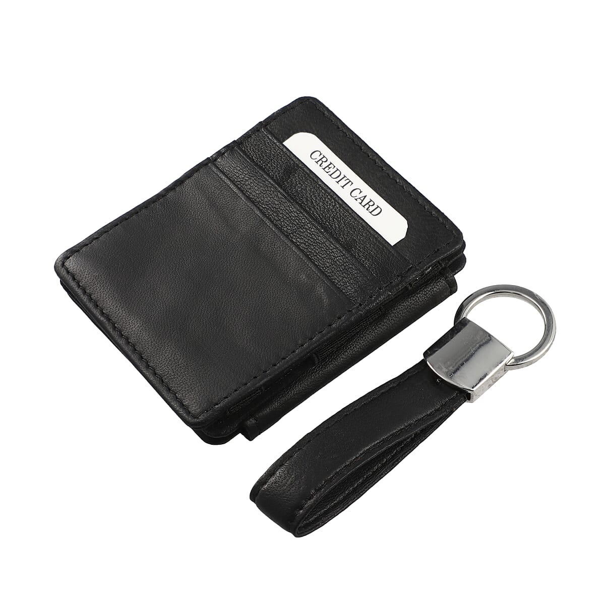 Black Blocking Genuine Leather Tri Fold RFID Magic Wallet with Key Chain image number 1