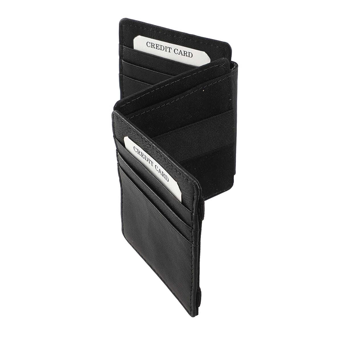 Black Blocking Genuine Leather Tri Fold RFID Magic Wallet with Key Chain image number 2