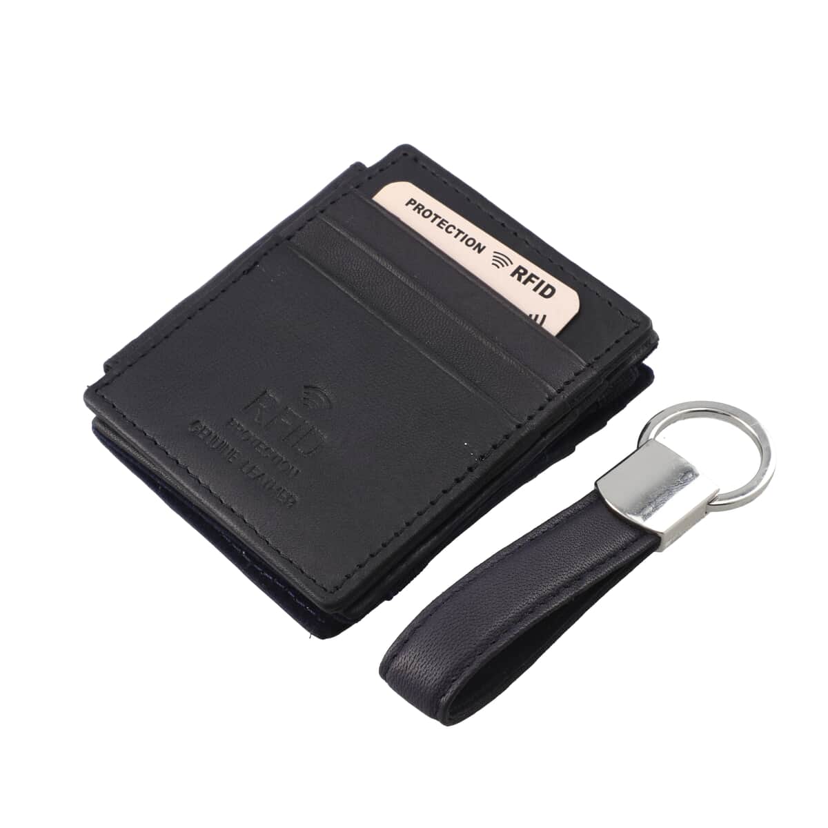 Navy Blocking Genuine Leather Tri Fold RFID Magic Wallet with Key Chain image number 0