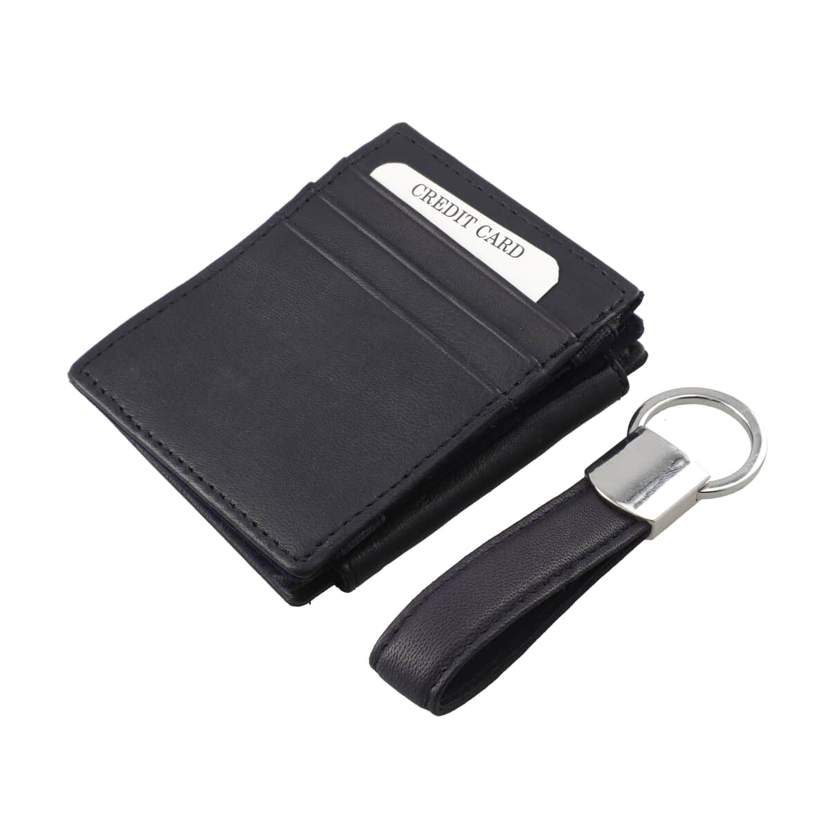 Navy Blocking Genuine Leather Tri Fold RFID Magic Wallet with Key Chain image number 1