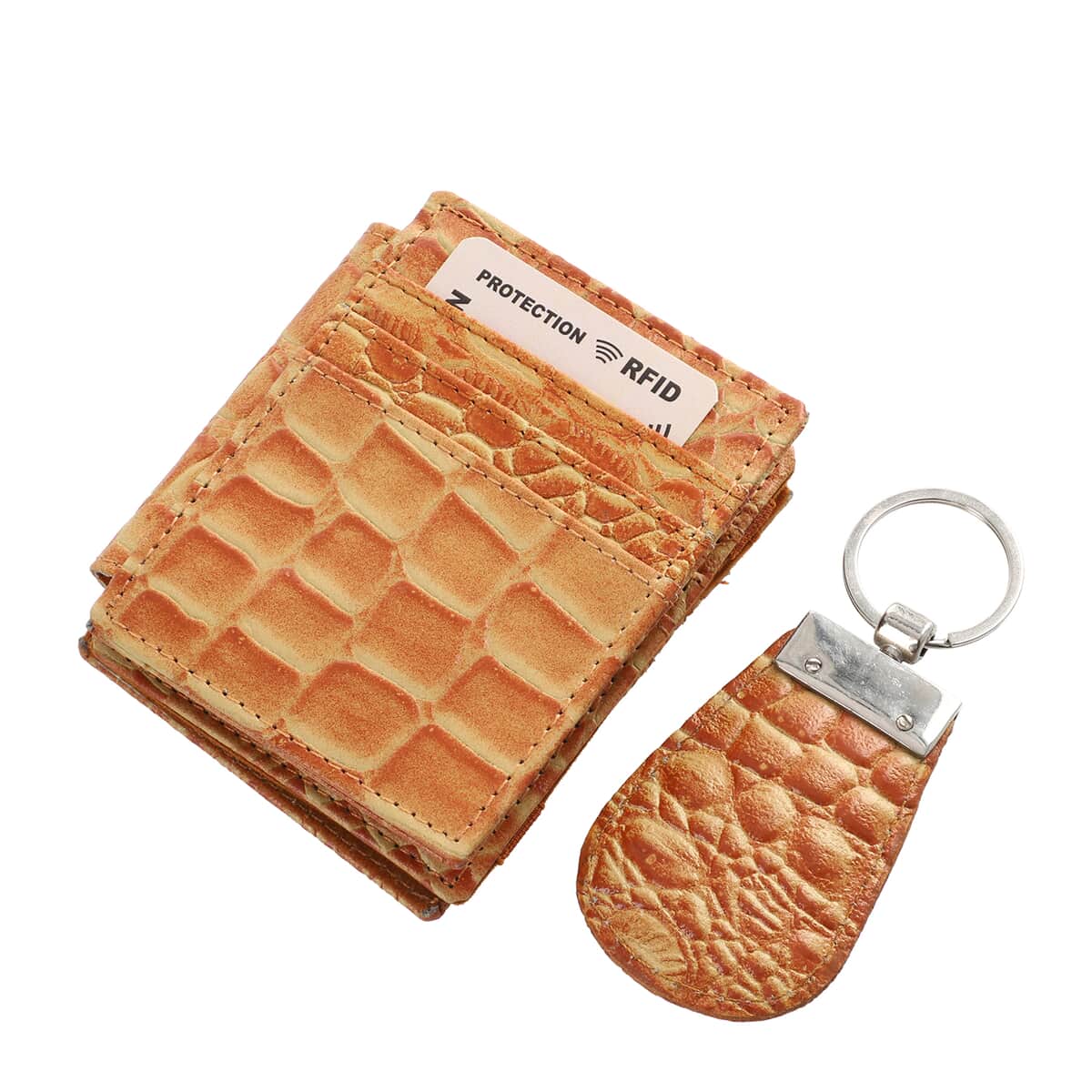 Tan Blocking Crocodile Embossed Genuine Leather Tri Fold RFID Magic Wallet and Key Chain image number 0