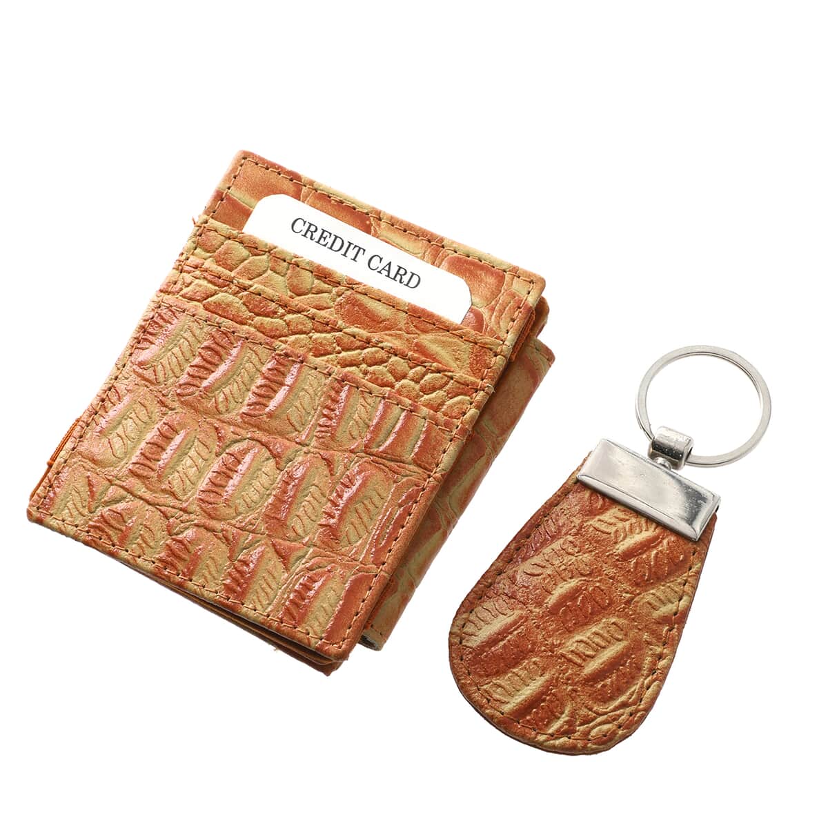 Tan Blocking Crocodile Embossed Genuine Leather Tri Fold RFID Magic Wallet and Key Chain image number 1