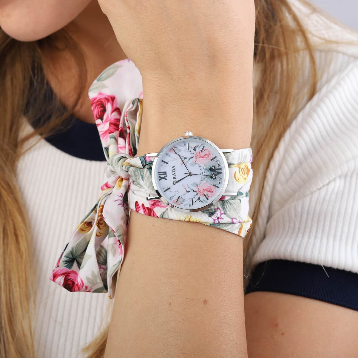 Strada Japanese Movement Watch with Multi Color Floral Printed Chiffon Strap (34.5 inch) image number 1