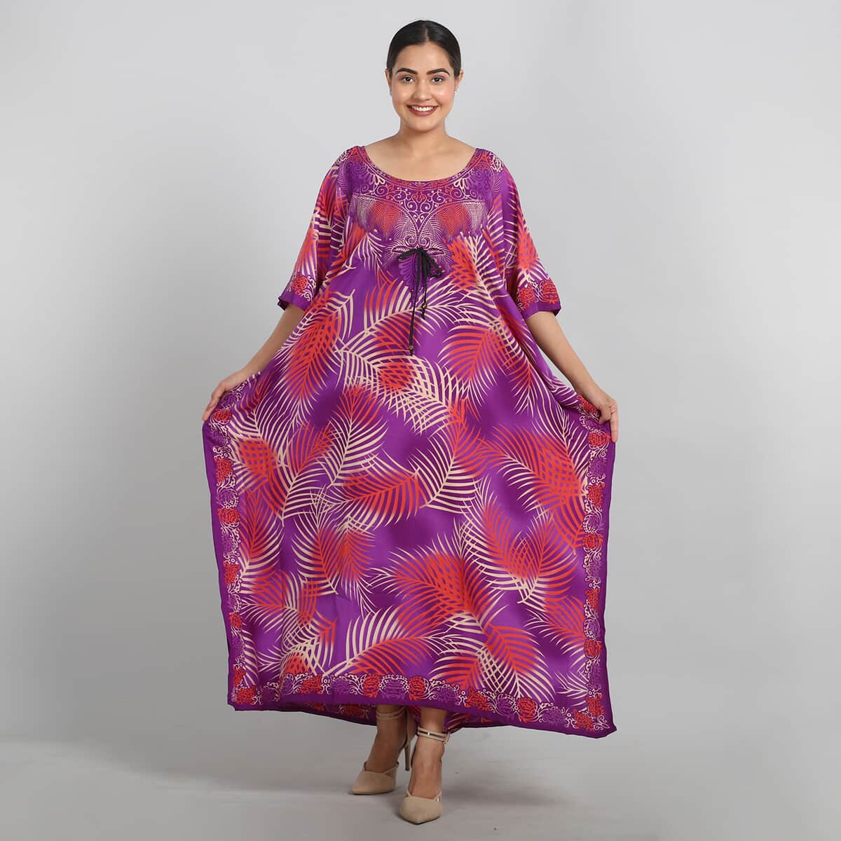 JOVIE Purple and Pink Feather Long Kaftan with Drawstring - One Size Fits Most image number 0