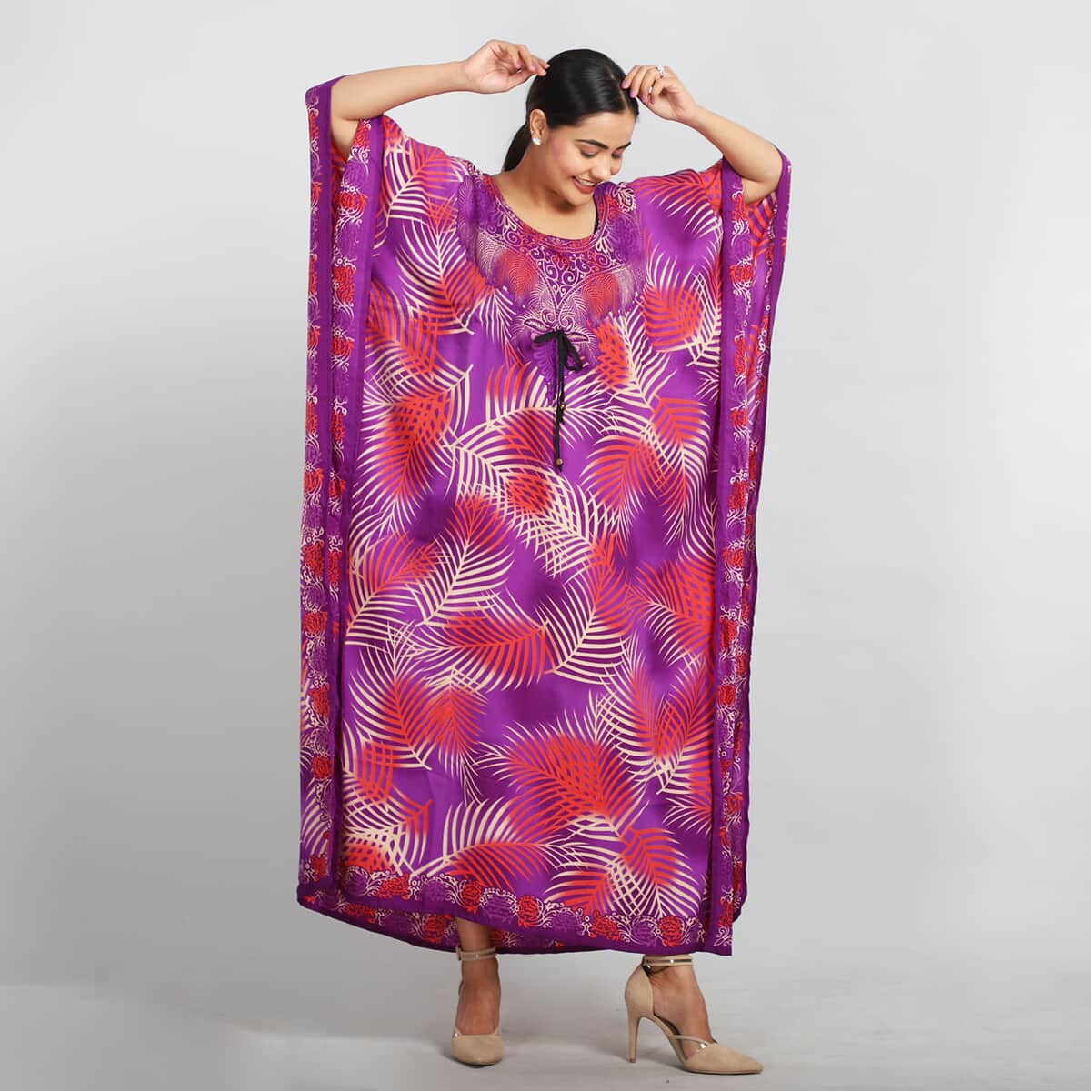 JOVIE Purple and Pink Feather Long Kaftan with Drawstring - One Size Fits Most image number 1