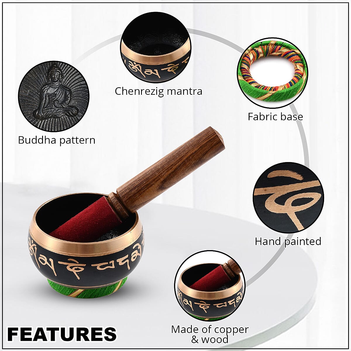 Copper Singing Bowl Set with Wooden Stick - Black image number 2