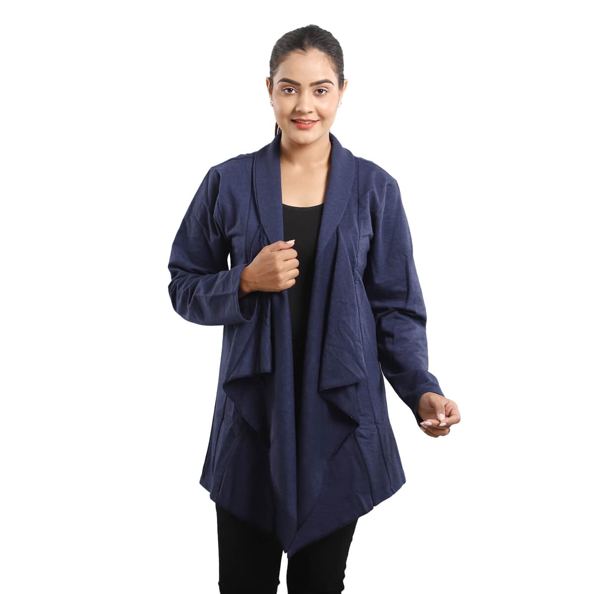 Passage Navy Blue French Terry Waterfall Front Cardigan- L image number 0