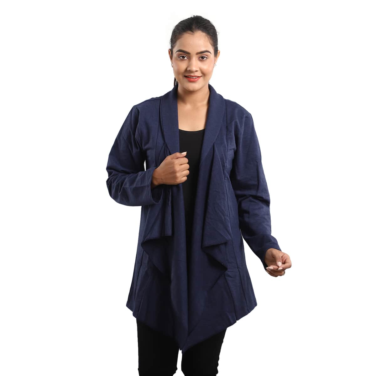 Passage Navy Blue French Terry Waterfall Front Cardigan- M image number 0