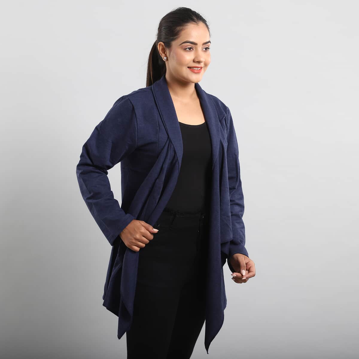 Passage Navy Blue French Terry Waterfall Front Cardigan- M image number 1