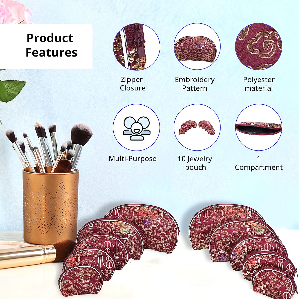 Set of 10 Burgundy Multi-purpose Polyester Jewelry Bags with Zipper , Jewelry Organizer Box , Travel Jewelry Box , Jewelry Storage, Gift , Wedding Party , Christmas image number 1