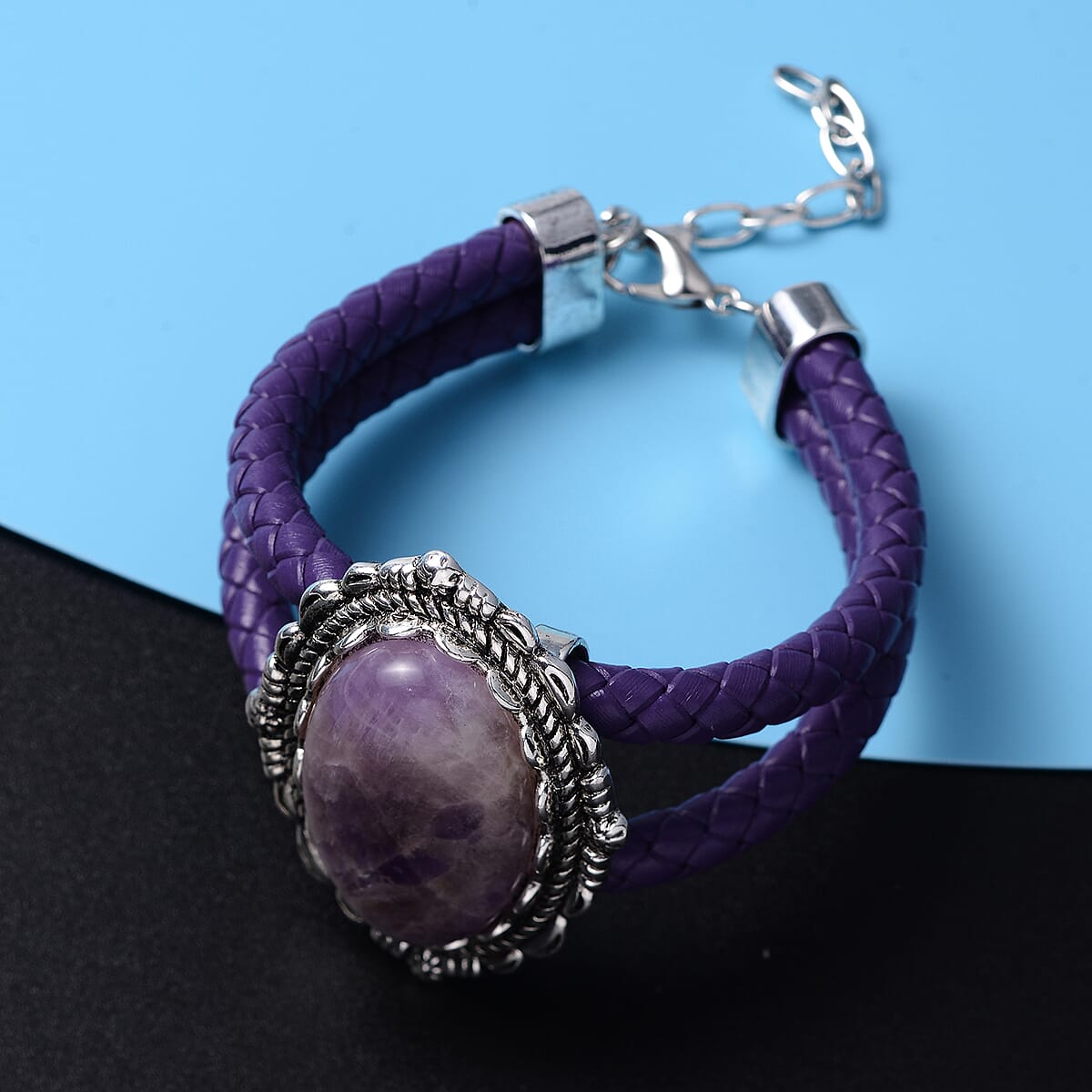 60.00 ctw Amethyst and Genuine Leather Bracelet in Silvertone (Adjustable) image number 1