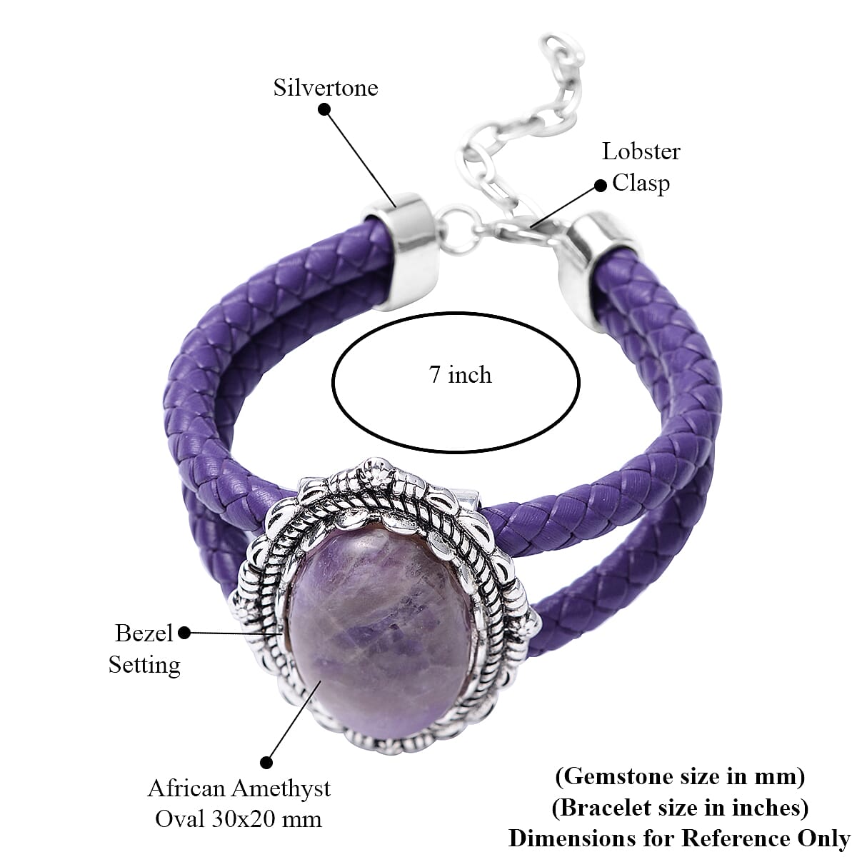 60.00 ctw Amethyst and Genuine Leather Bracelet in Silvertone (Adjustable) image number 3