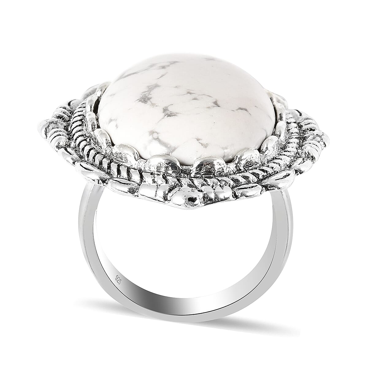 White Howlite Ring in Silvertone (Size 9.0) 50.00 ctw  image number 4
