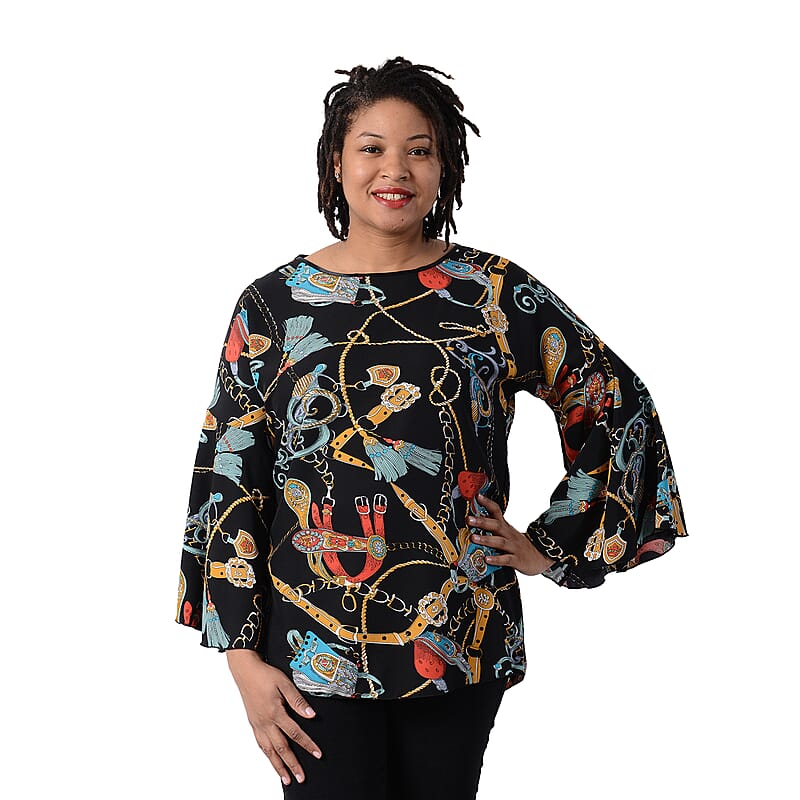 JOVIE Black Buckle Chain Print Bell Sleeve Top - One Size Plus
