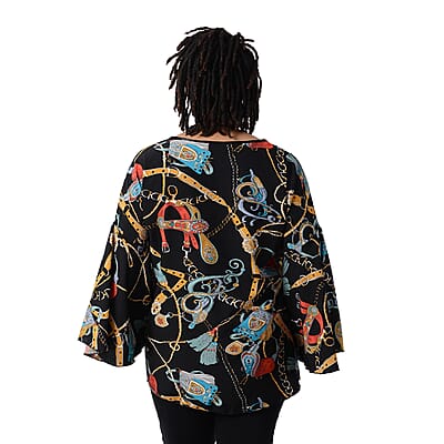 JOVIE Black Buckle Chain Print Bell Sleeve Top - One Size Plus