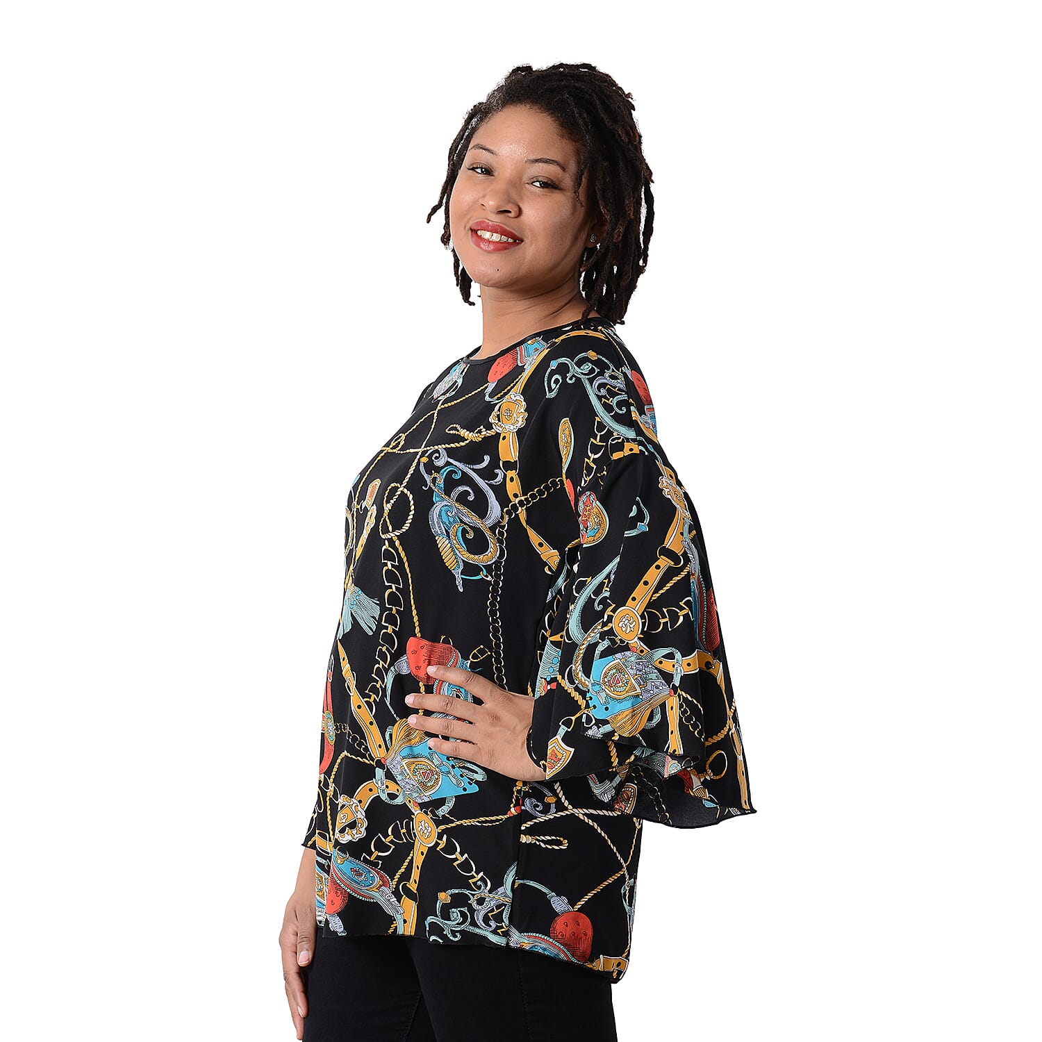 JOVIE Black Buckle Chain Print Bell Sleeve Top - One Size Plus