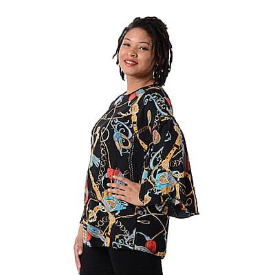 JOVIE Black Buckle Chain Print Bell Sleeve Top - One Size Plus