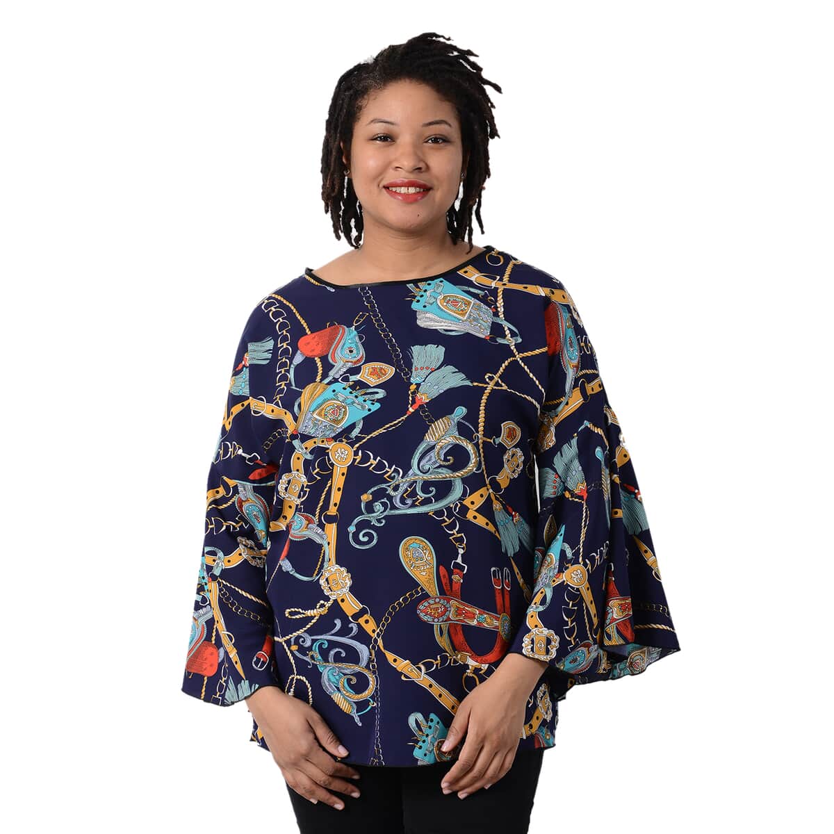 JOVIE Black Buckle Chain Print Bell Sleeve Top (27.5"x32") image number 0