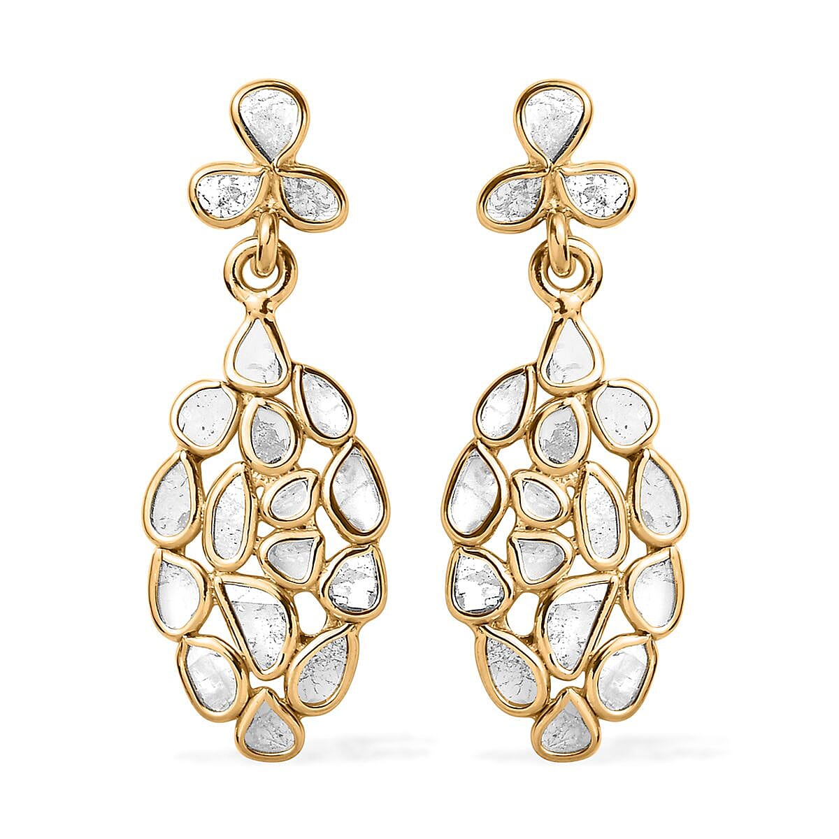 Artisan Crafted Polki Diamond Dangle Earrings in 14K Yellow Gold Over Sterling Silver 2.00 ctw
