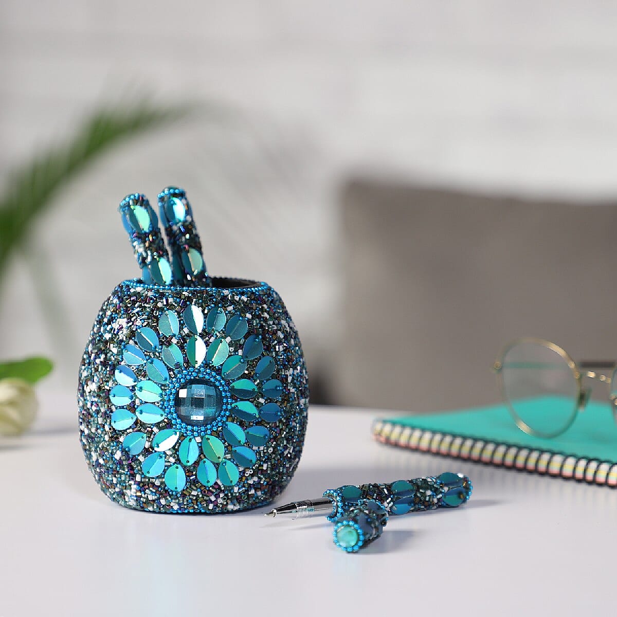 Set of 3 Blue Beaded Pen with Matching Beaded Pen Pot