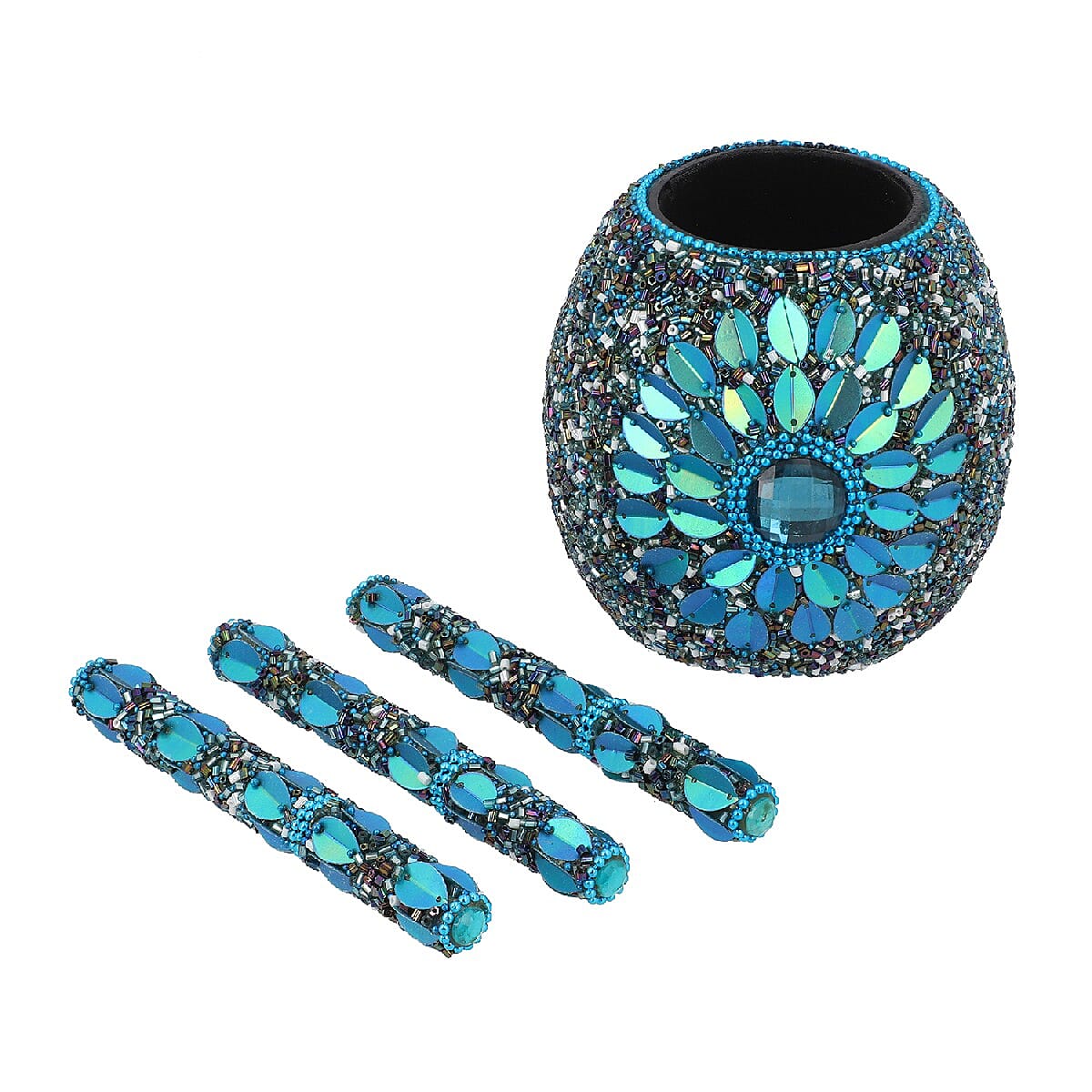 Set of 3 Blue Beaded Pen with Matching Beaded Pen Pot