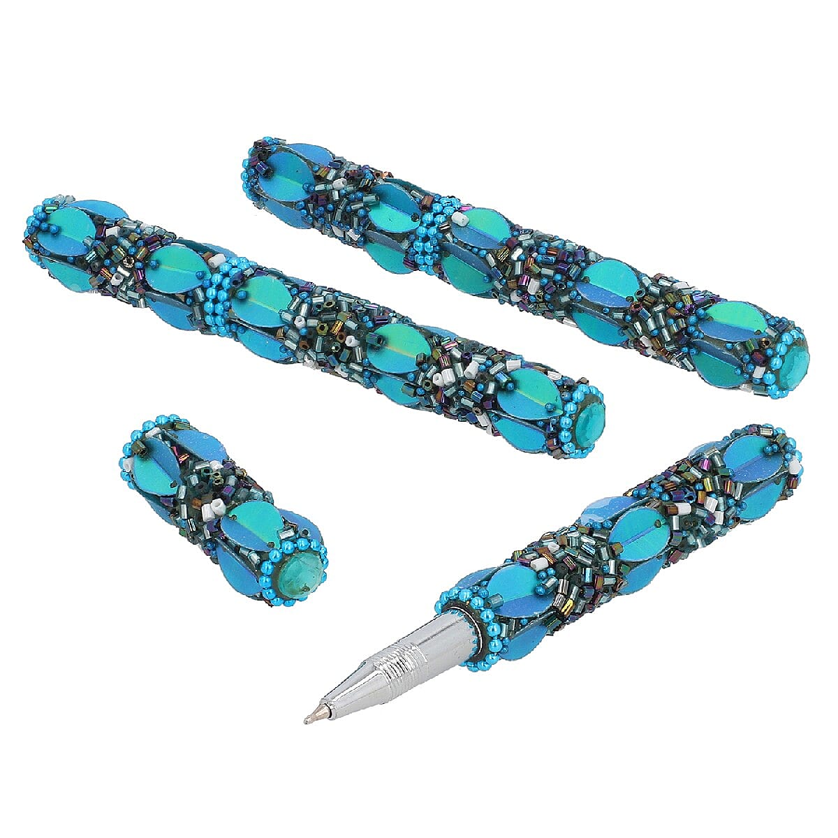 Set of 3 Blue Beaded Pen with Matching Beaded Pen Pot