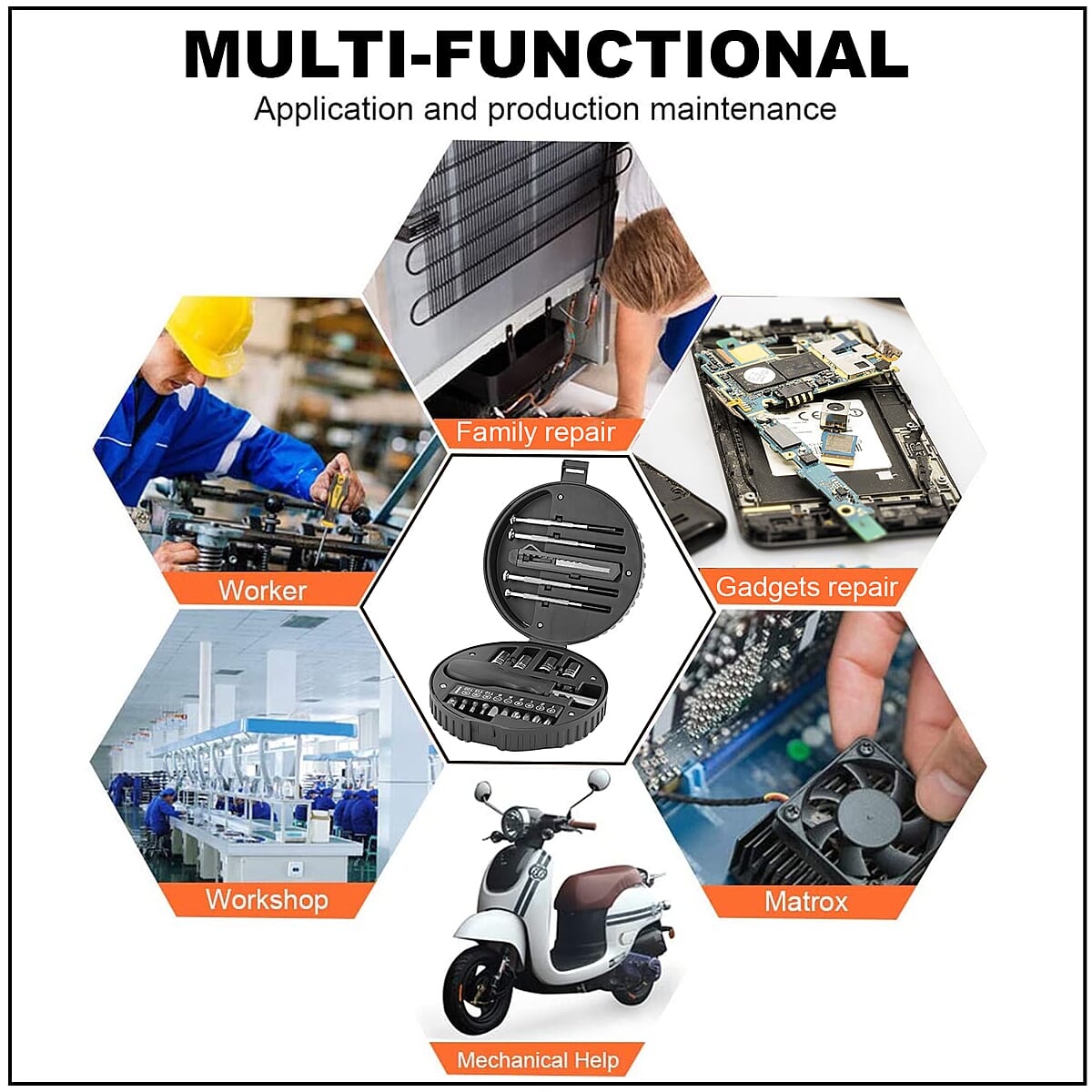 Tire Shape Tool Set (1 Screwdriver Handle, 9 Bits, 1 Socket Adapter, 4 Interchangeable Sockets, 4 Precision Screwdrivers and 1 Mini Blade) image number 2