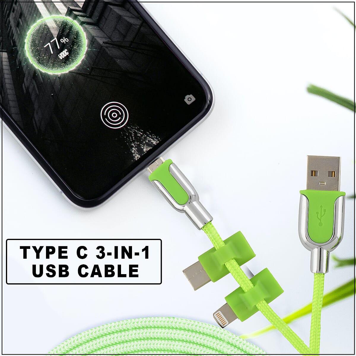 Electric Candy 3 in 1 iPhone - Type C - Micro USB Cable in Green image number 1