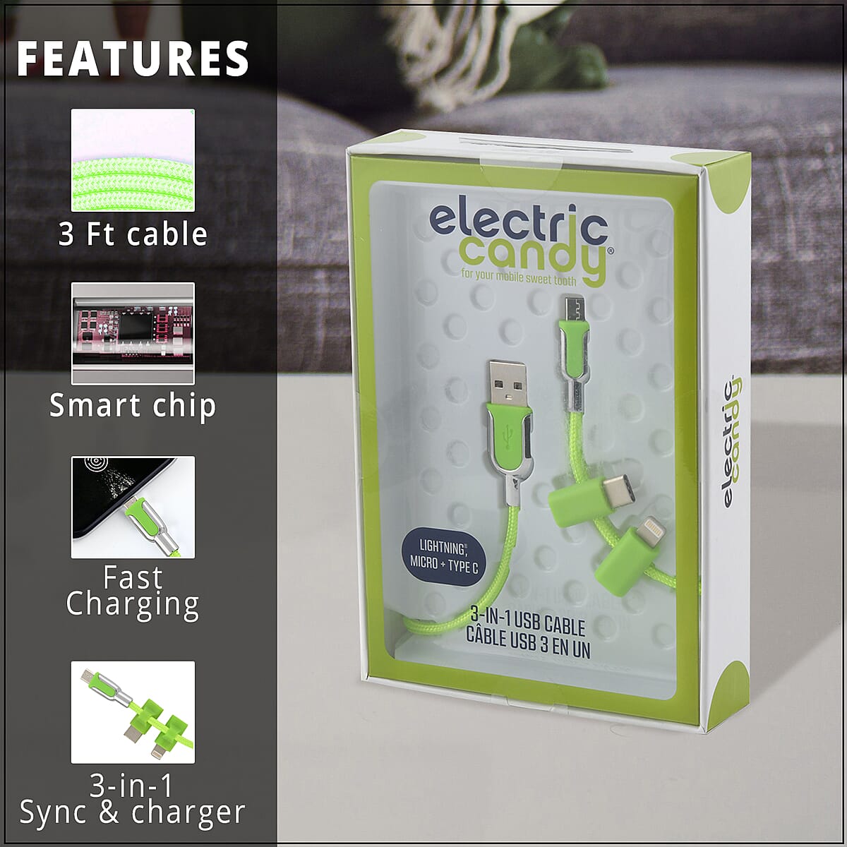 Electric Candy 3 in 1 iPhone - Type C - Micro USB Cable in Green image number 2