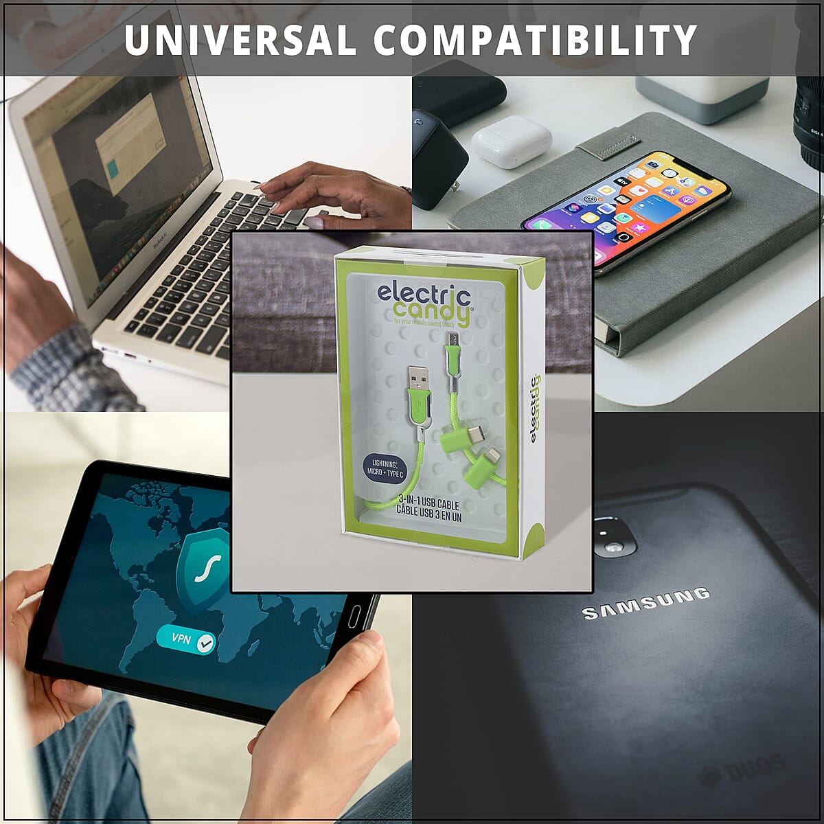 Electric Candy 3 in 1 iPhone - Type C - Micro USB Cable in Green image number 3