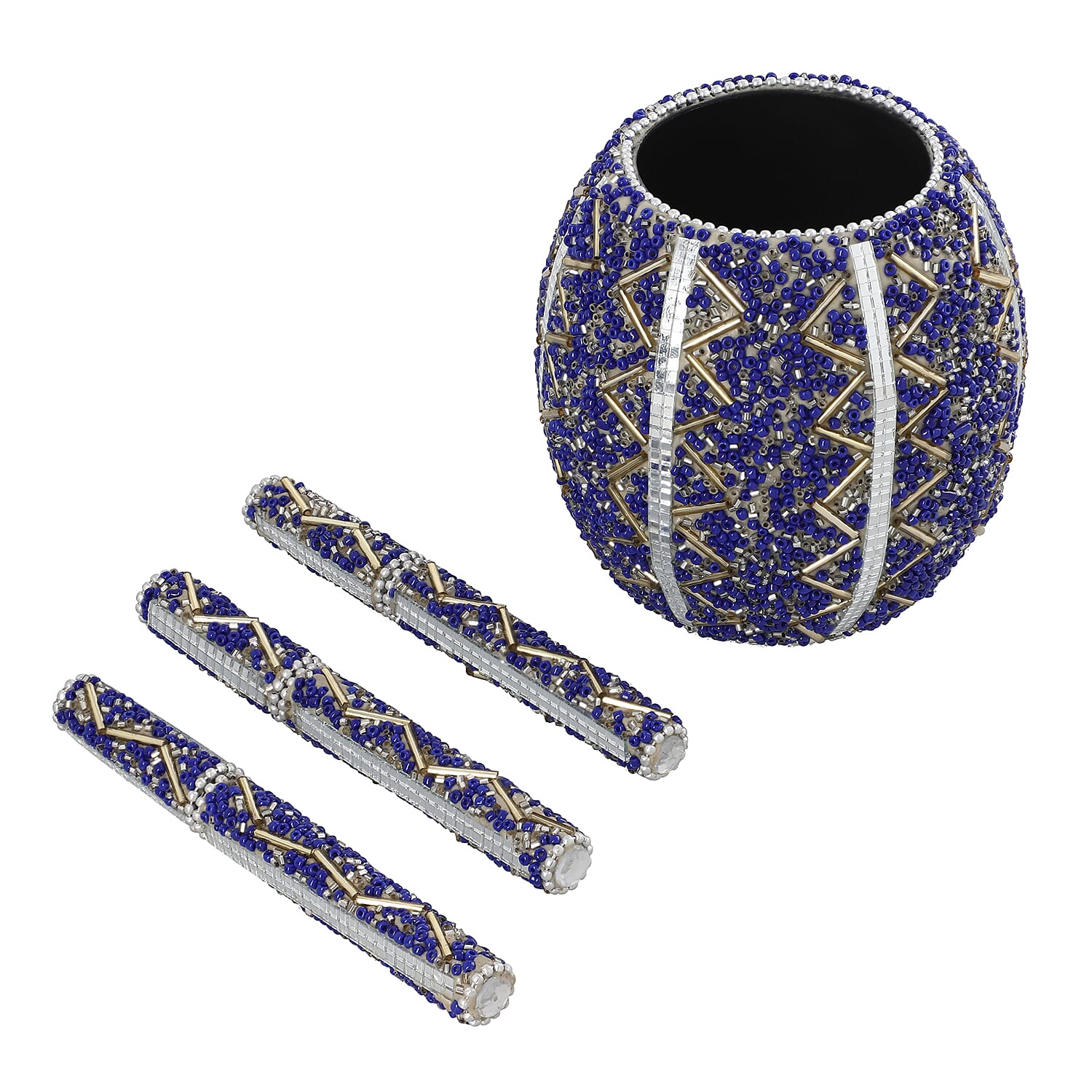 Set of 3 Blue Beaded Pen with Matching Beaded Pen Pot