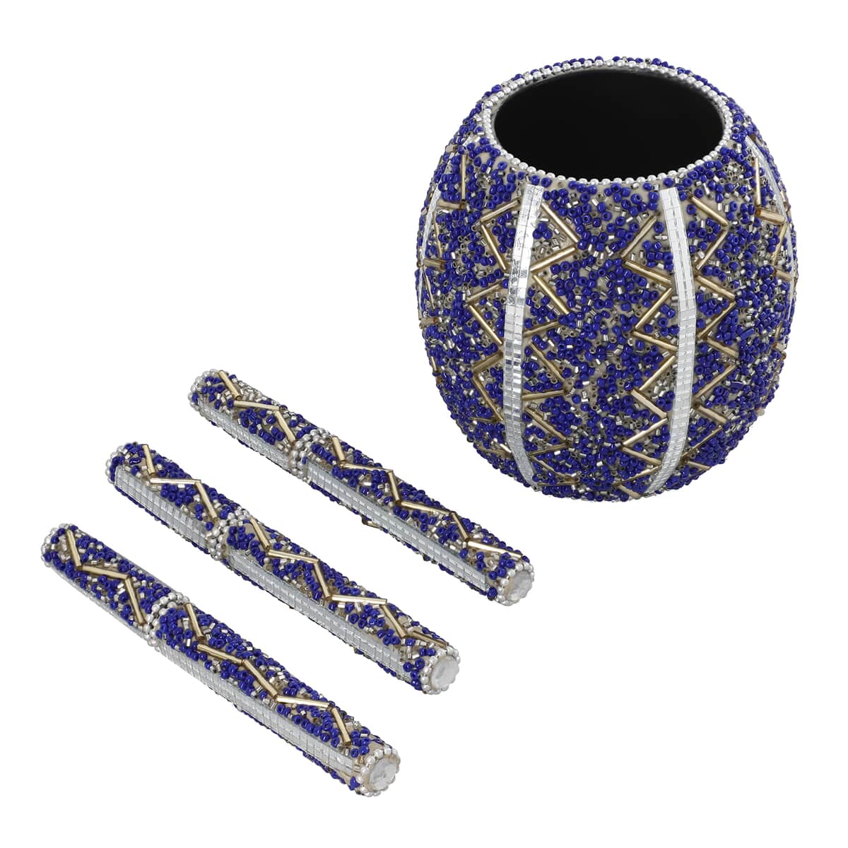 Set of 3 Blue Beaded Pen (4.5 in) with Matching Beaded Pen Pot (3.9"x3.9"x4.08") image number 1