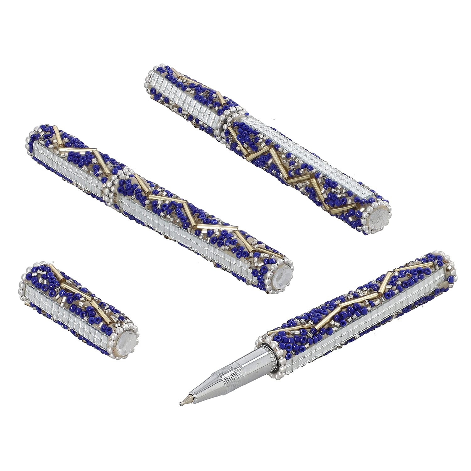 Set of 3 Blue Beaded Pen with Matching Beaded Pen Pot