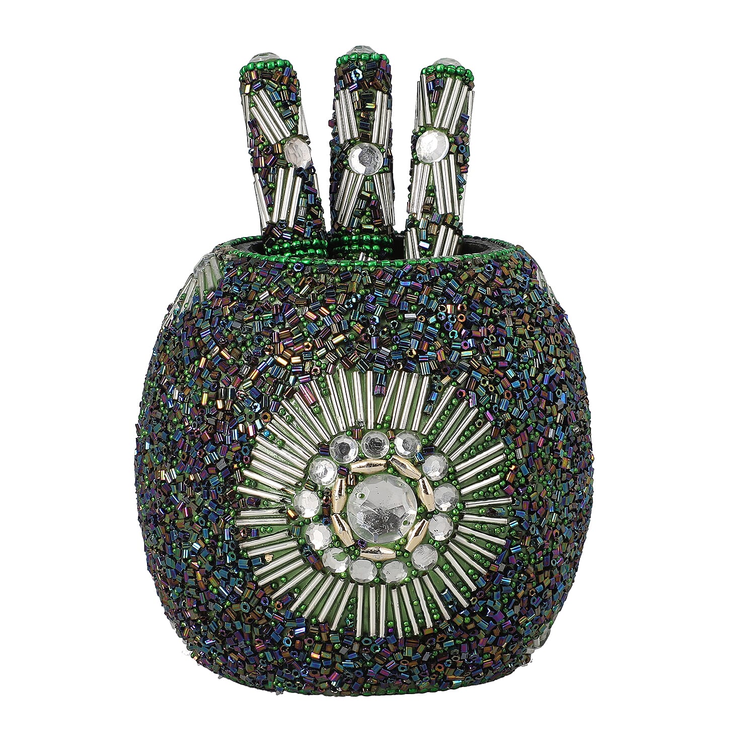 Set of 3 Green Beaded Pen with Matching Beaded Pen Pot