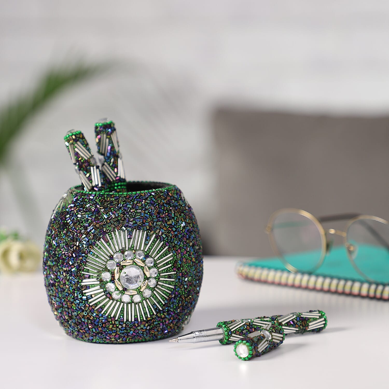 Set of 3 Green Beaded Pen with Matching Beaded Pen Pot